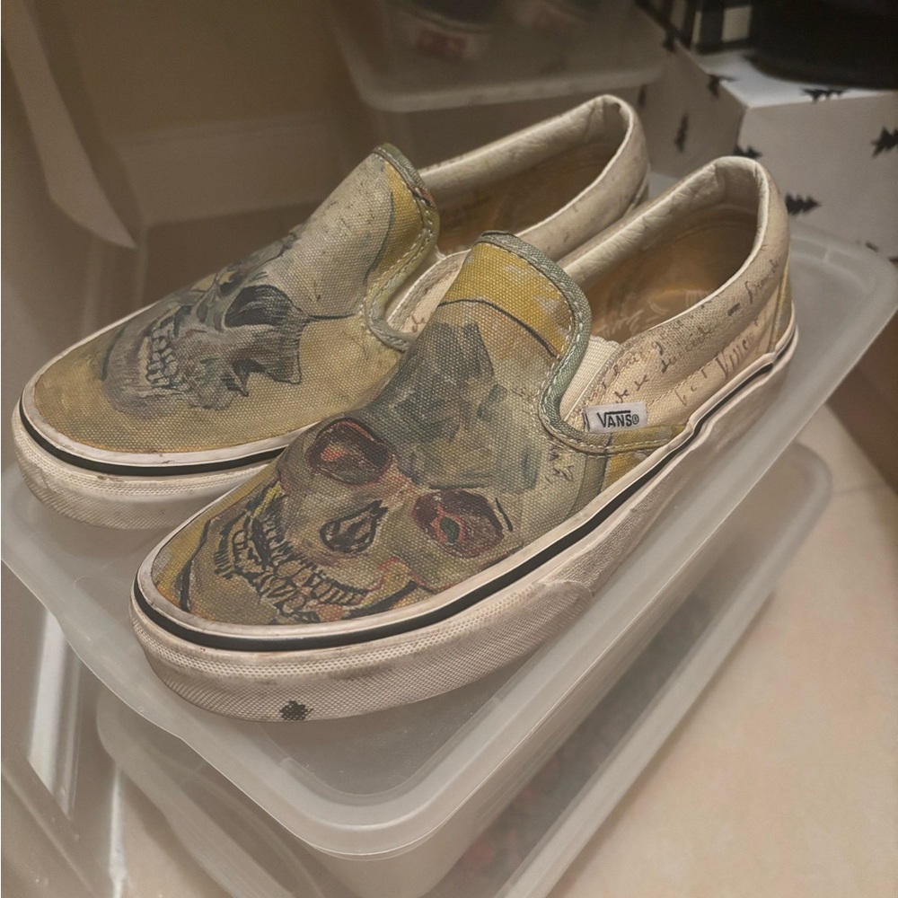 Vans Beige and Black Skull Graphic Slip-Ons